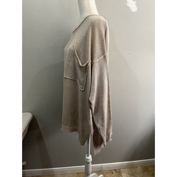 Easel Oversized Knitted Sweater Front Pocket Distressed Hems Size Medium Tan - Picture 5 of 11